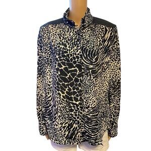 VTG 80s JORDAN WOMAN BUTTON UP SHIRT SIZE 9/10 BLACK WITH LEOPARD PRINT SILKY